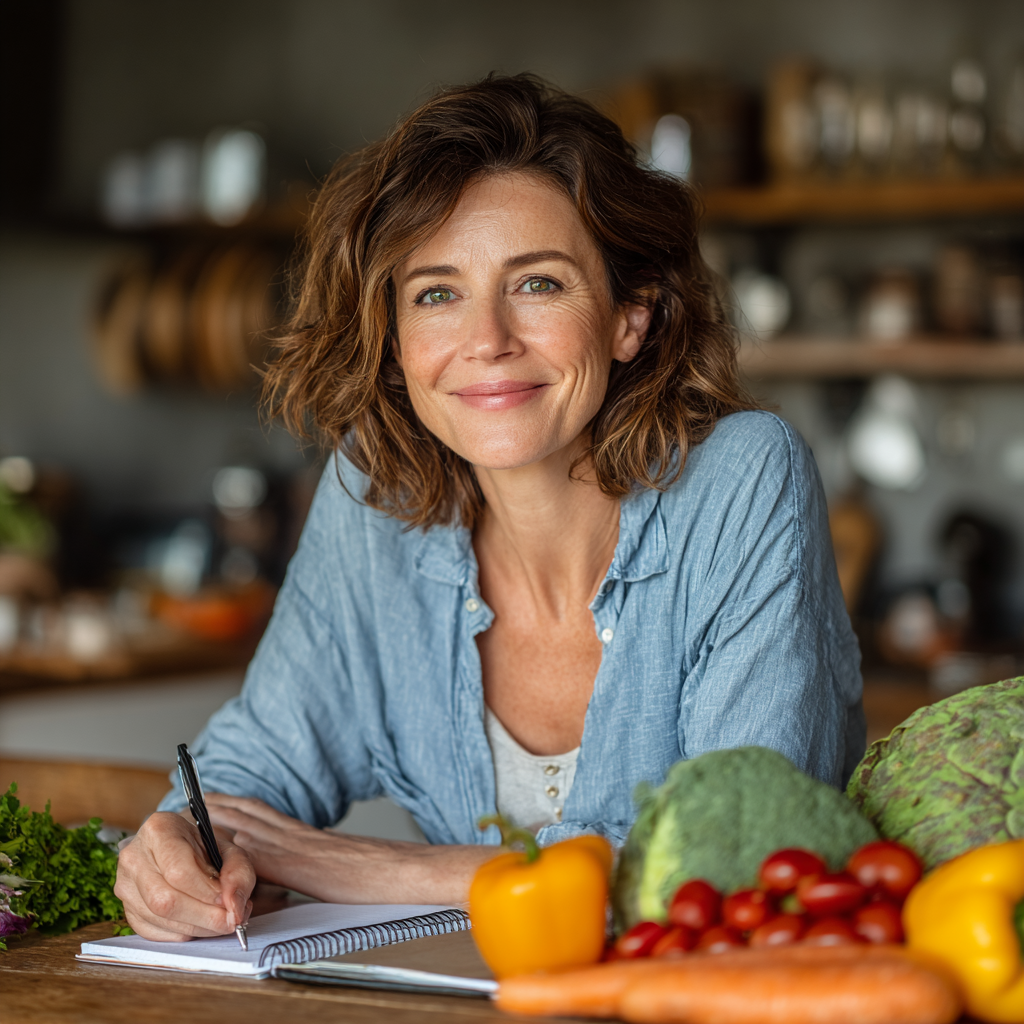 Smiling mature woman in her late 40s with shoulder-length brown hair, wearing a light blue shirt, sitting at a modern kitchen table with fresh vegetables, fruits, and a notebook for meal planning, natural lighting creating a warm atmosphere